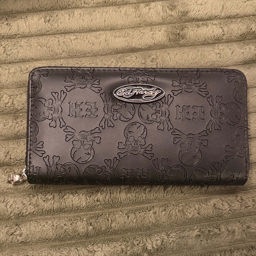 Ed Hardy Black Embossed Skull Wallet